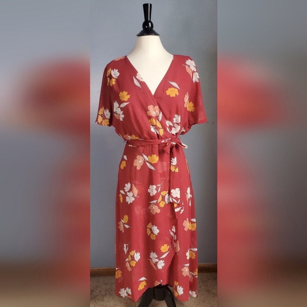 Luxology Autumn Floral Chiffon Faux Wrap Hi-lo Midi Dress sz 8